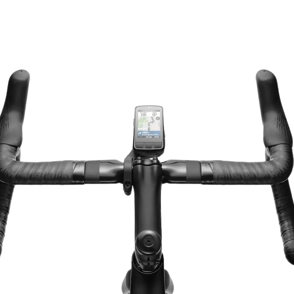 A top view of a Wahoo ELEMNT Bolt 3 Bike Computer on handlebars.