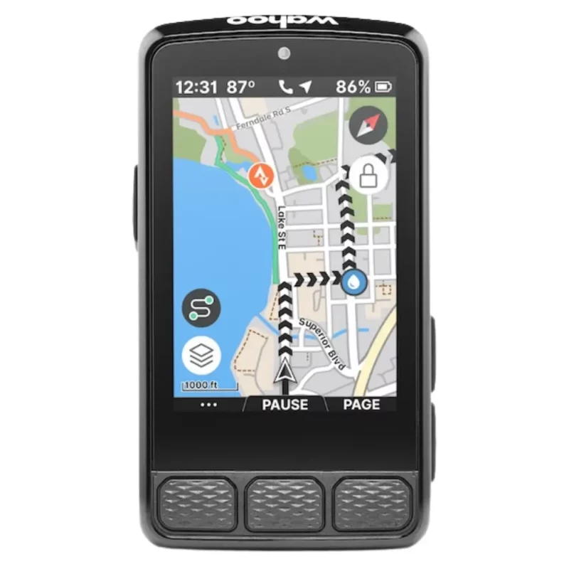 The front of a Wahoo ELEMNT Roam 3 Bike Computer with a color navigation screen.