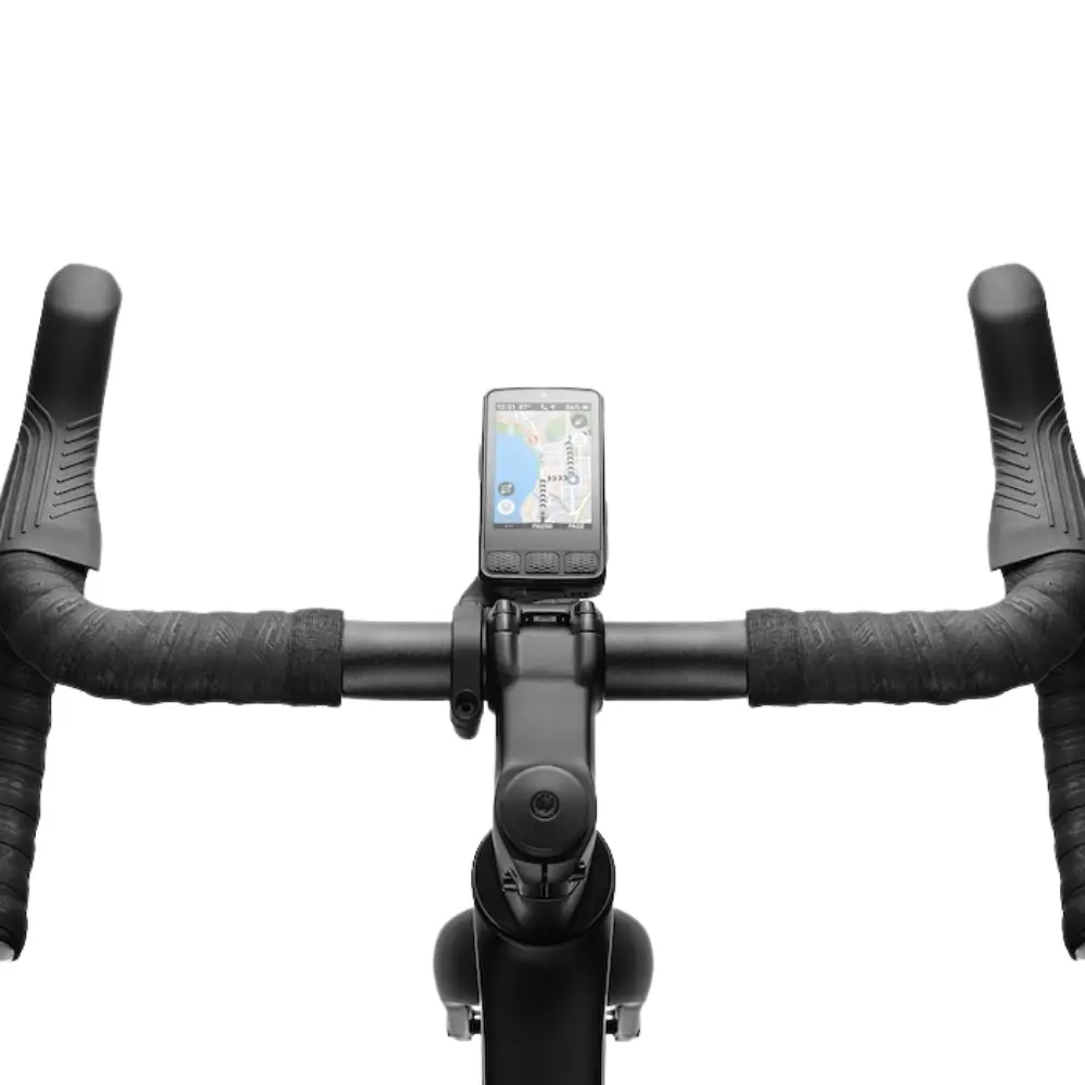A top view of a Wahoo ELEMNT Roam 3 Bike Computer on handlebars.