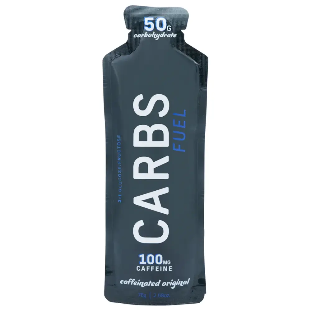 The front of a Carbs Fuel Caffeinated Original 50G Energy Gel.