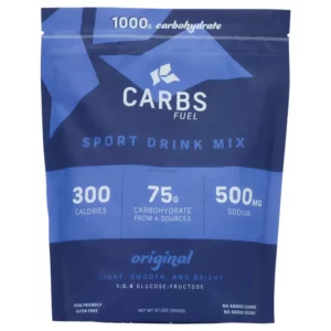 A blue bag of Carbs Fuel Original Sports Drink Mix.