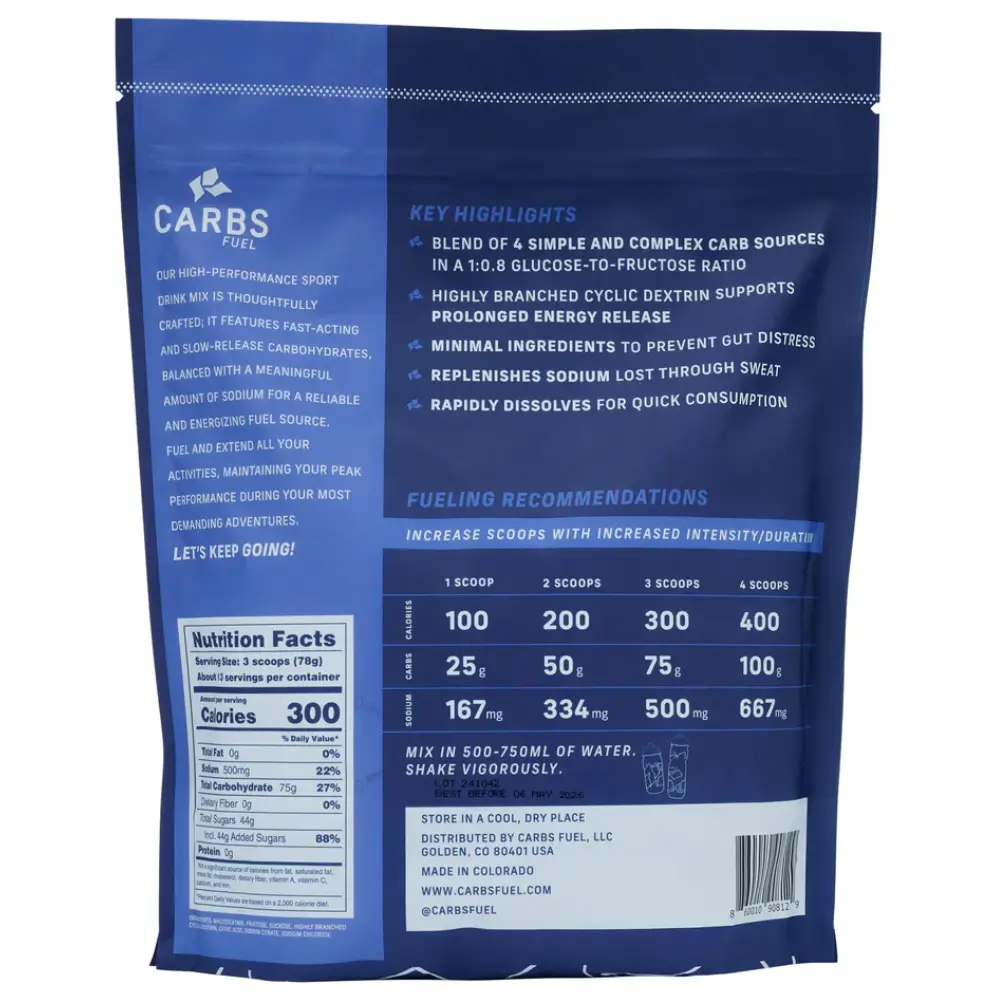 The back of a blue bag of Carbs Fuel Original Sports Drink Mix.