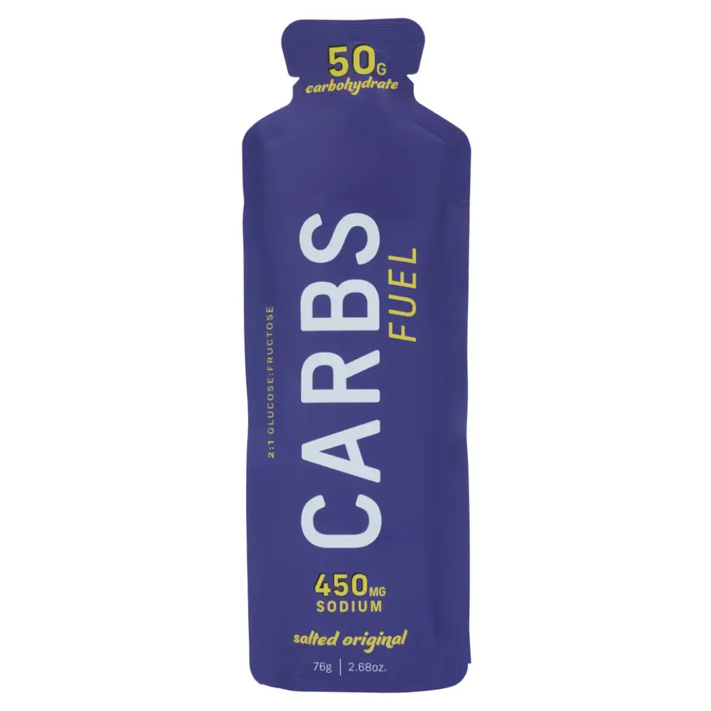 The front of a Carbs Fuel Salted Original 50G Energy Gel.