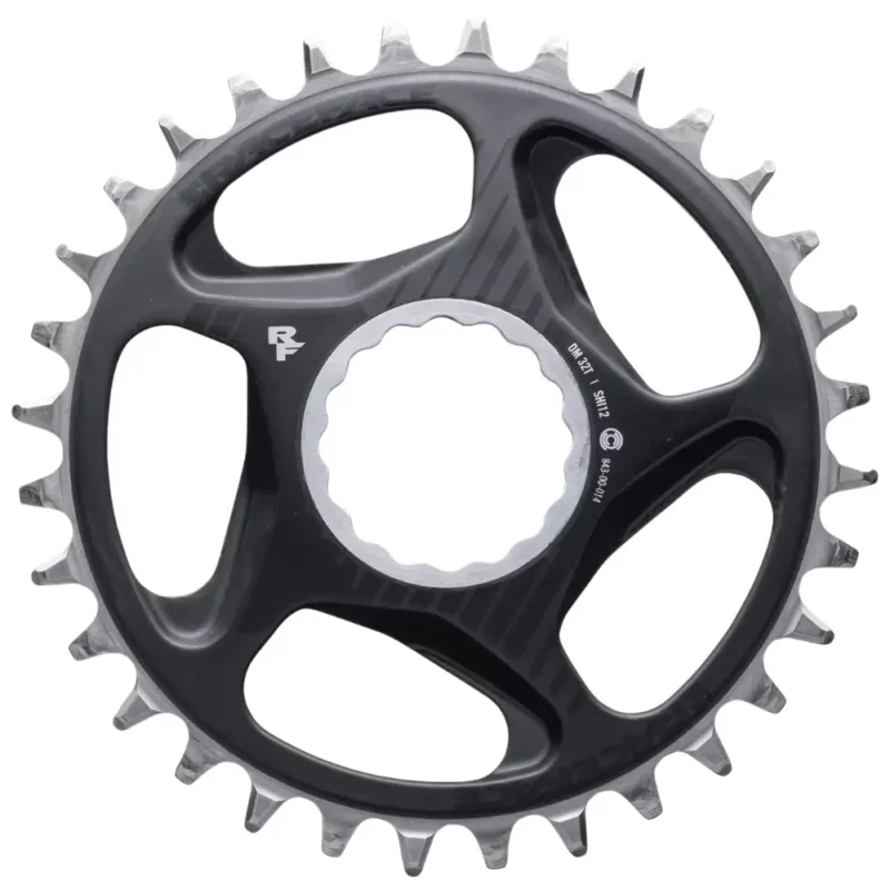 The front of a black and silver Race Face Era Direct Mount Chainring.