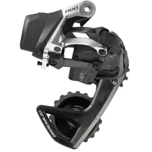 A SRAM RED E1 Rear Derailleur with Black CeramicSpeed Alpha RS OSPW installed on it.