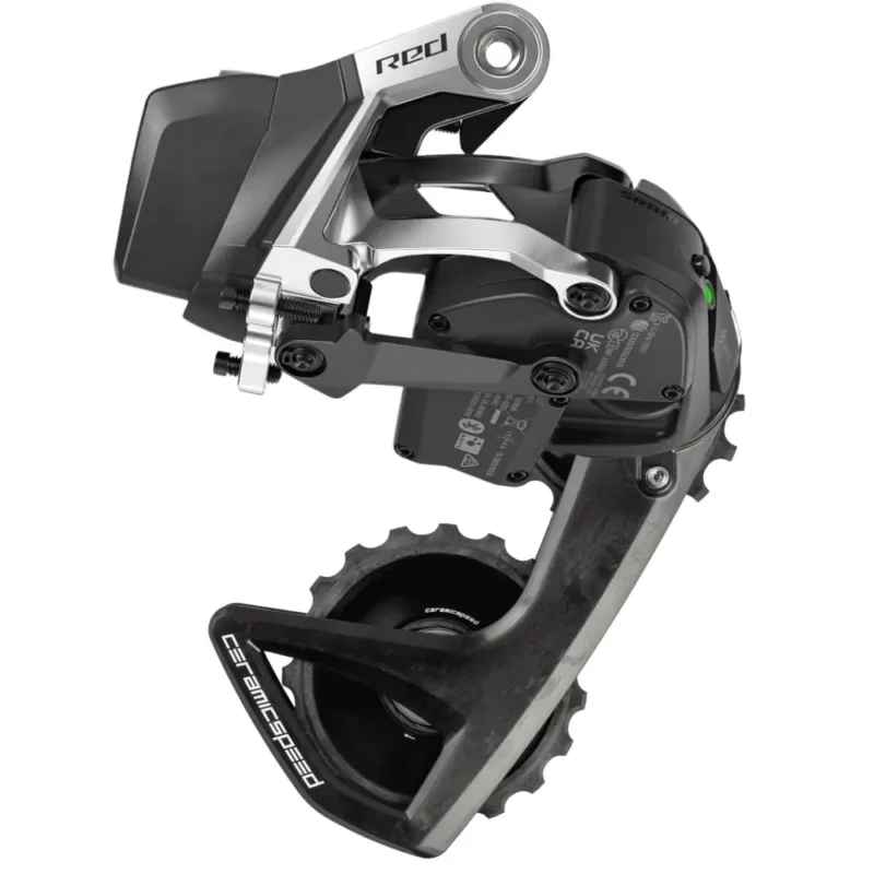 A SRAM RED E1 Rear Derailleur with Black CeramicSpeed Alpha RS OSPW installed on it.