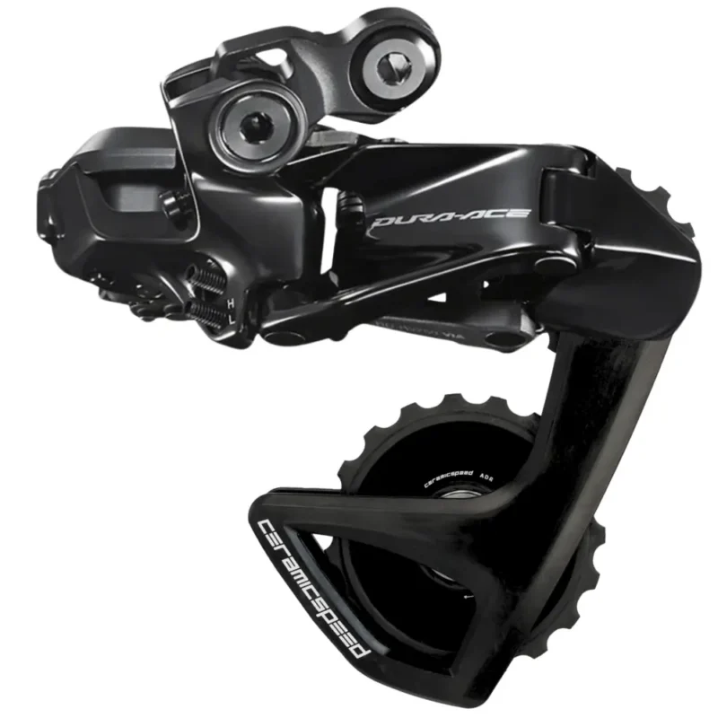 A Shimano DURA-ACE 9250 Rear Derailleur with Black CeramicSpeed Alpha RS OSPW installed on it.