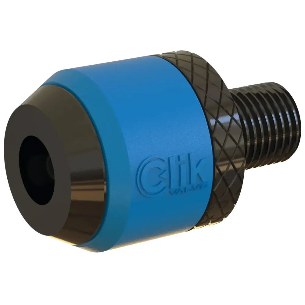 A black and blue Wolf Tooth Clik Valve Pump Head Adapter.