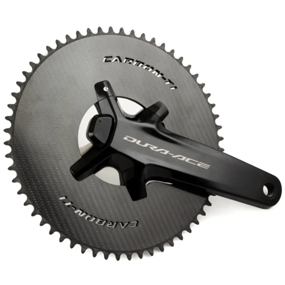 A black Carbon-Ti X-Aeroring 1x Shimano DA9200 Chainring installed on a Shimano DURA-ACE Crankset.