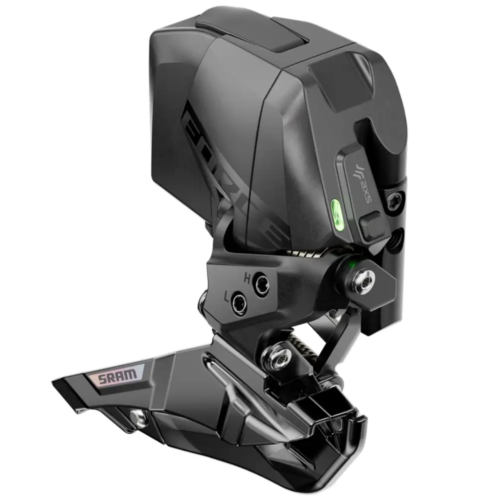 An angled image of a black SRAM Force E1 AXS Front Derailleur with green battery light.