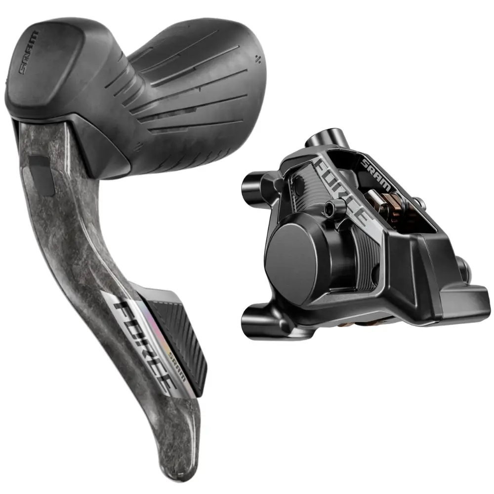 A black SRAM Force E1 AXS Hydraulic Shift/Brake Lever with black brake Caliper.