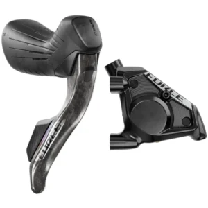 A black SRAM Force E1 AXS Hydraulic Shift/Brake Lever with black brake Caliper.