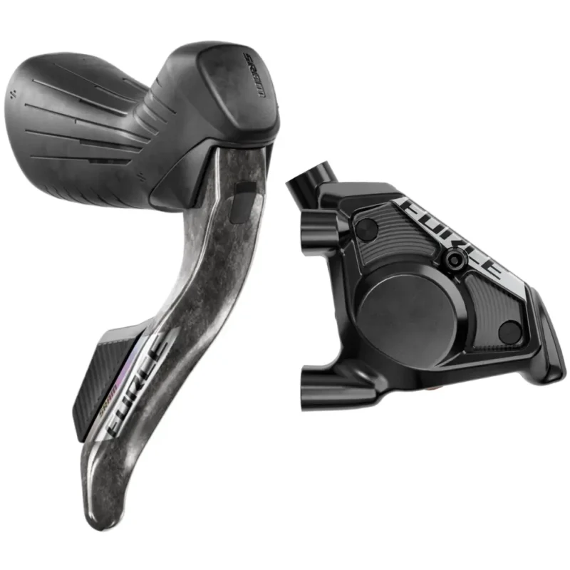 A black SRAM Force E1 AXS Hydraulic Shift/Brake Lever with black brake Caliper.