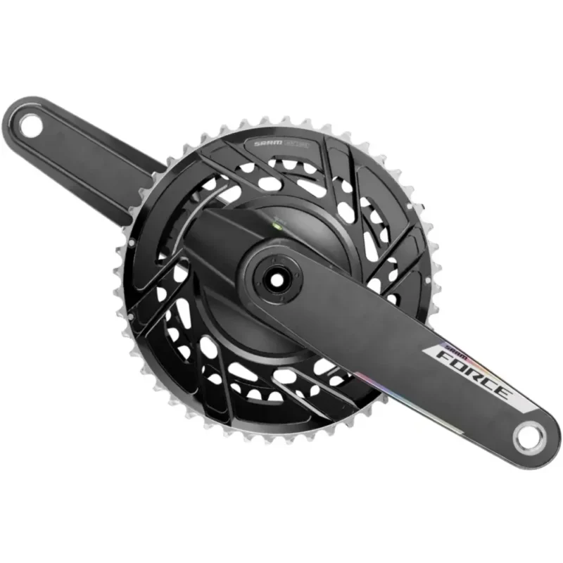 An angled image of a black SRAM Force E1 AXS Power Meter Crankset.