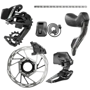 The various components that make up a SRAM Force E1 AXS Road Groupset.
