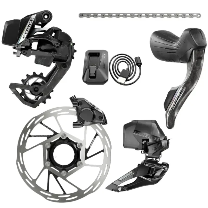 The various components that make up a SRAM Force E1 AXS Road Groupset.
