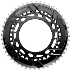 A set of black and silver SRAM Force E1 AXS Thread Mount Chainrings.