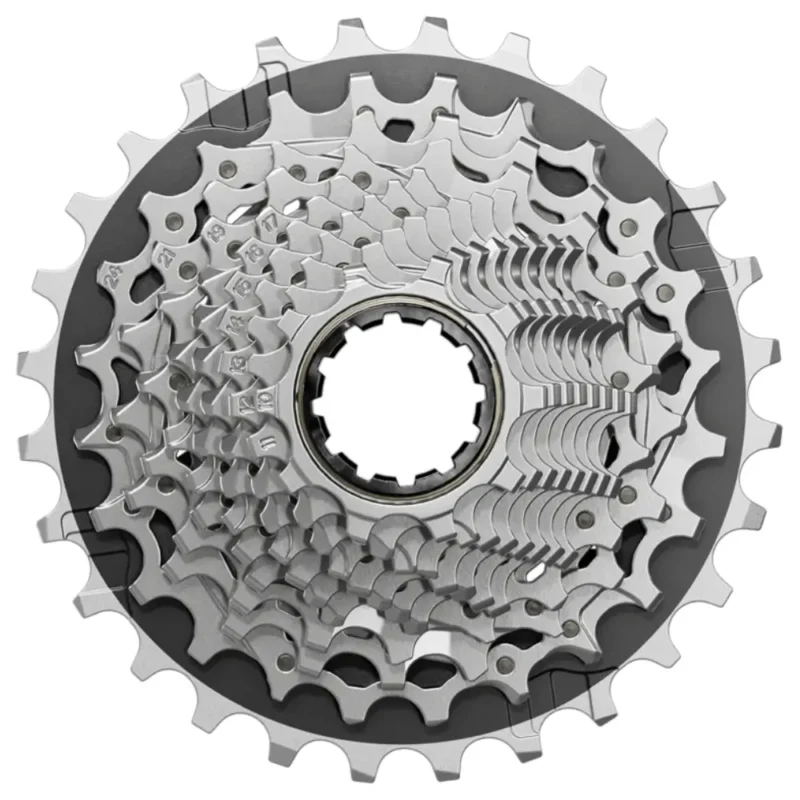 The front of a black and silver SRAM Force E1 XG-1270 12-Speed Cassette.