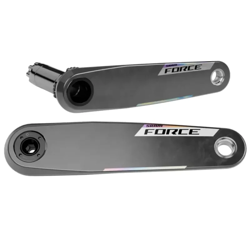 A set of grey and iridescent SRAM Force E1 XPLR DUB Crank Arms.
