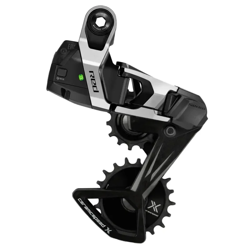 A SRAM RED E1 XPLR Rear Derailleur with Black CeramicSpeed X Alpha OSPW.