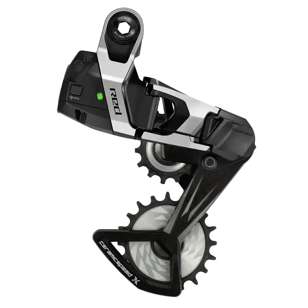 A SRAM RED E1 XPLR Rear Derailleur with Silver CeramicSpeed X Alpha OSPW.