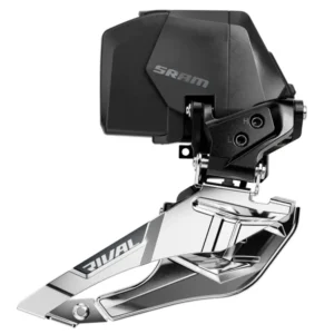 A black SRAM Rival E1 AXS Front Derailleur with silver derailleur cage.