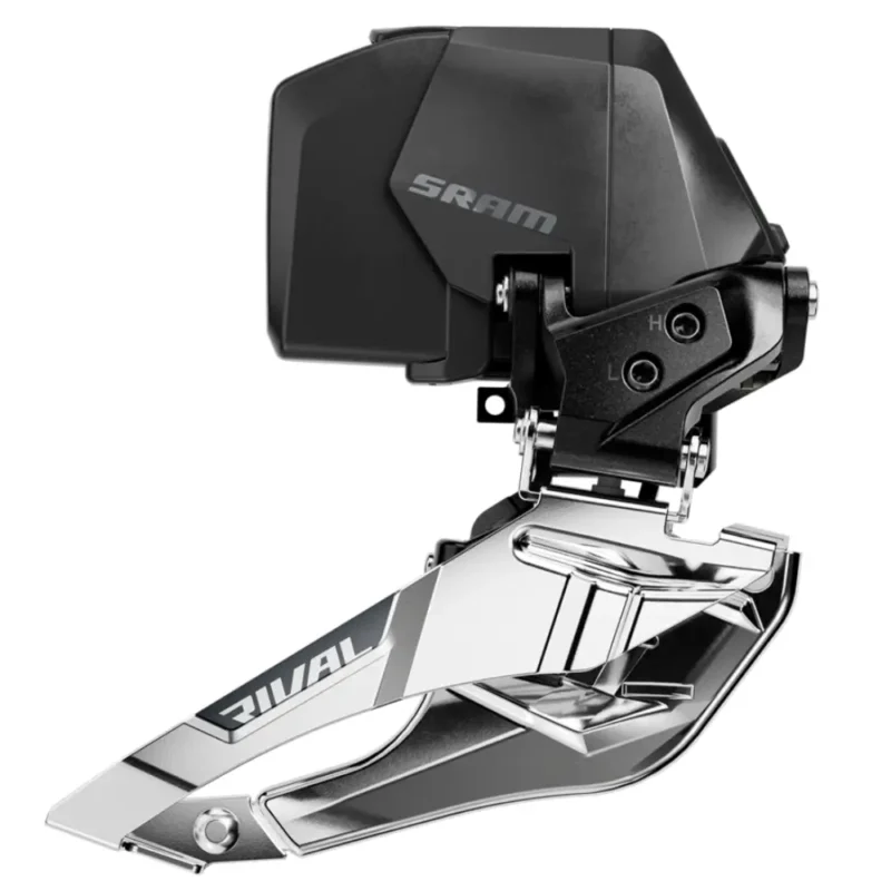 A black SRAM Rival E1 AXS Front Derailleur with silver derailleur cage.