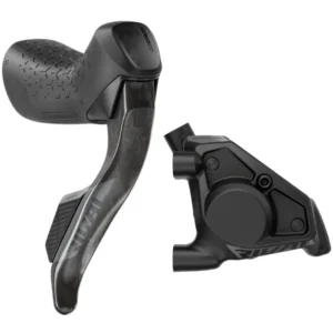 A black SRAM Rival E1 AXS Hydraulic Shift/Brake Levers with black brake Caliper.