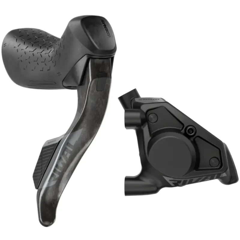 A black SRAM Rival E1 AXS Hydraulic Shift/Brake Levers with black brake Caliper.
