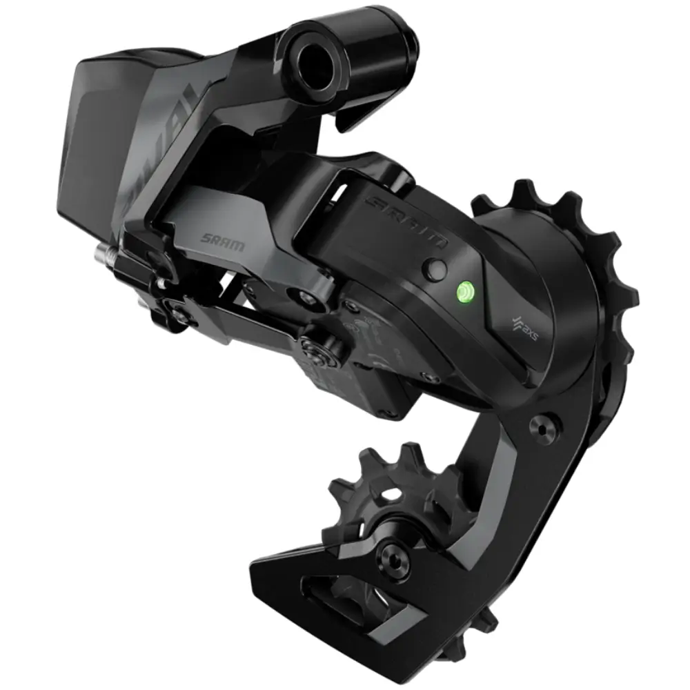 An angled image of a black SRAM Rival E1 AXS Rear Derailleur with a green battery light.