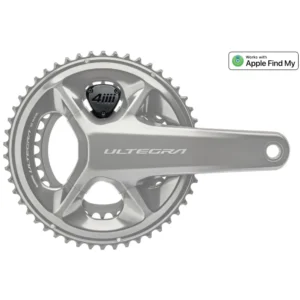 A greyed out Shimano Ultegra crankset for the 4iiii PRECISION 3+ Dual-Sided Factory Install with the Apple Find My Logo.