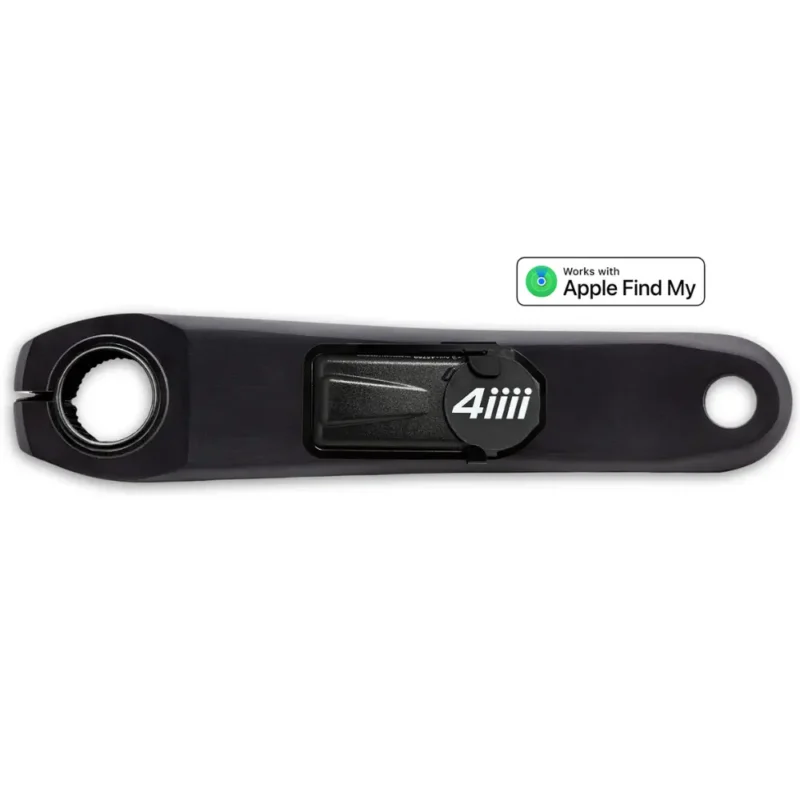 A black 4iiii PRECISION 3+ Shimano DURA-ACE 9200 Power Meter with the Apple Find My Logo.