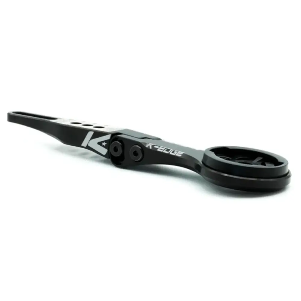 An angled view of a black K-EDGE Garmin Integrated Handlebar System (IHS) Mount.