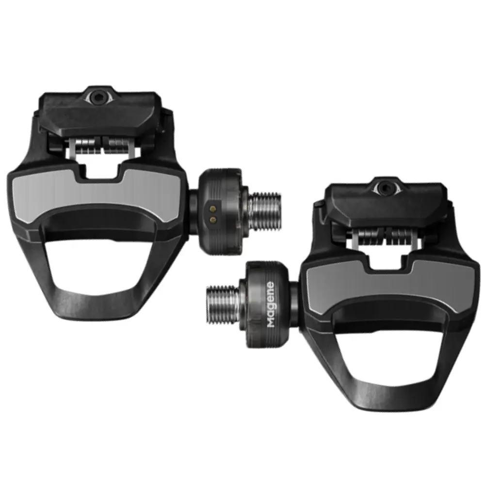 A set of black Magene P715 Road Power Meter Pedals.