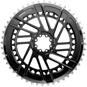 The front of black and silver SRAM Force E1 AXS Direct Mount Chainrings.