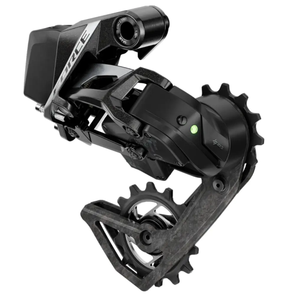 An angled image of a black and silver SRAM Force E1 AXS Rear Derailleur.