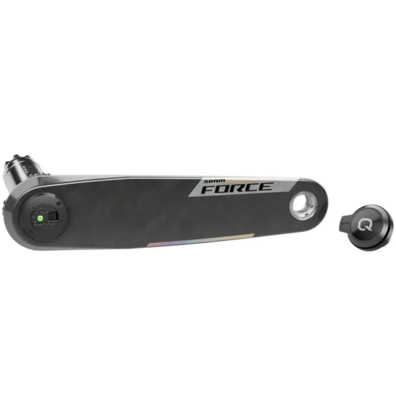 A black SRAM Force E1 AXS XPLR Power Meter Crank Arm with Quarq cap.