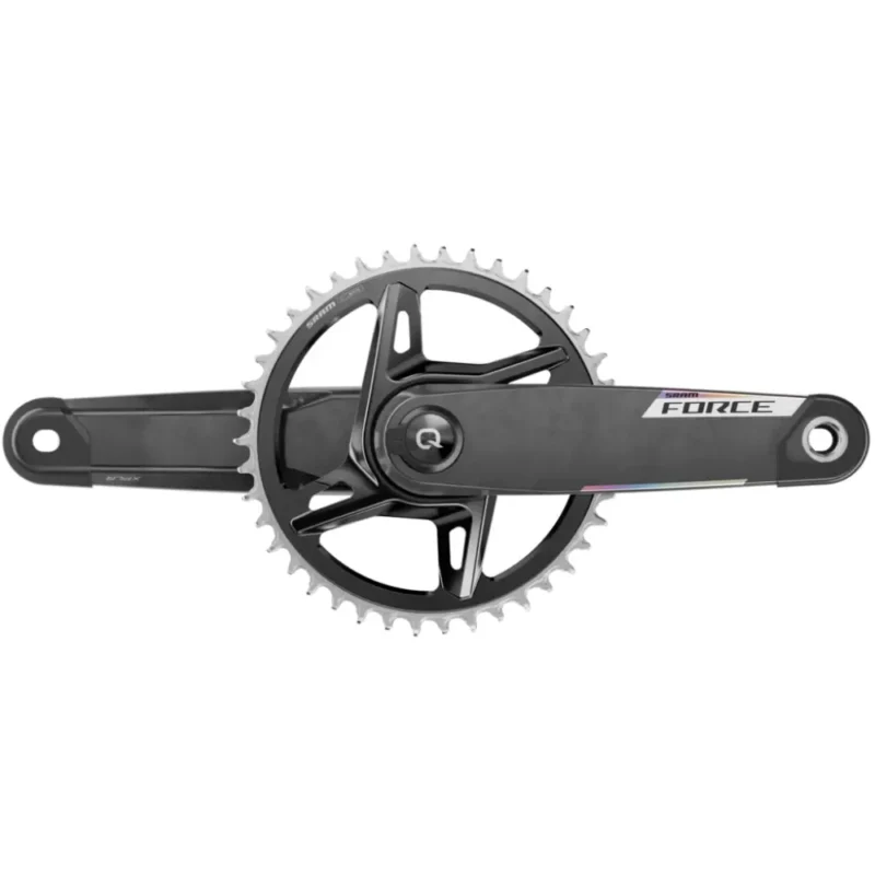 A grey and silver SRAM Force E1 AXS XPLR Power Meter Crankset with 1x chainring.