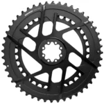 The front of black SRAM Rival E1 AXS Direct Mount Chainrings.