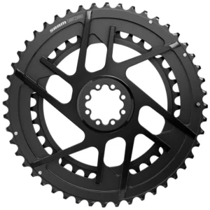 The front of black SRAM Rival E1 AXS Direct Mount Chainrings.
