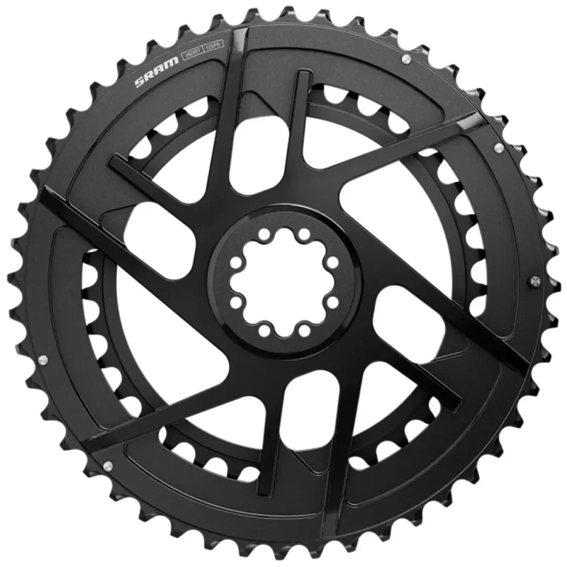 The front of black SRAM Rival E1 AXS Direct Mount Chainrings.