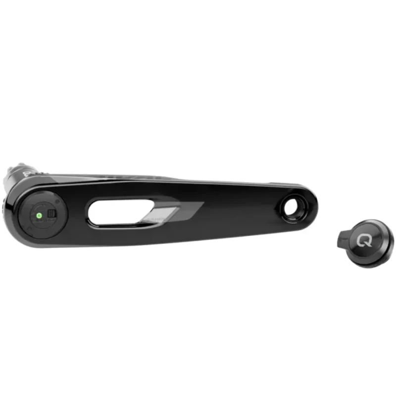 A black SRAM Rival E1 AXS XPLR Power Meter Crank Arm with Quarq cap.