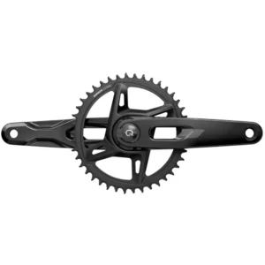 A black SRAM Rival E1 AXS XPLR Power Meter Crankset with a 1x chainring.