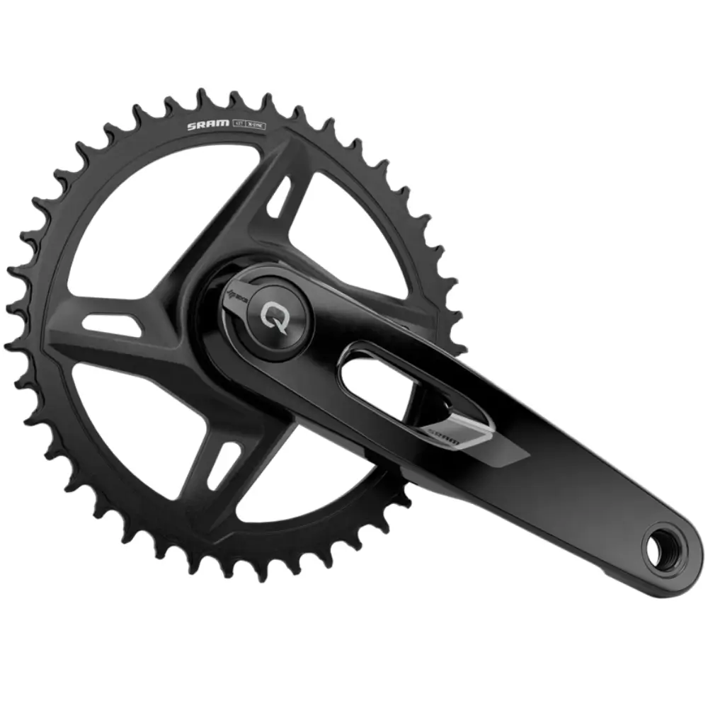 An angled view of a SRAM Rival E1 AXS XPLR Power Meter Crankset with a 1x chainring.