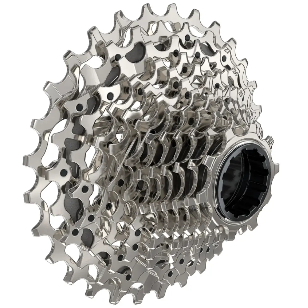 An angled image of a silver SRAM Rival XG-1250 12-Speed Cassette.