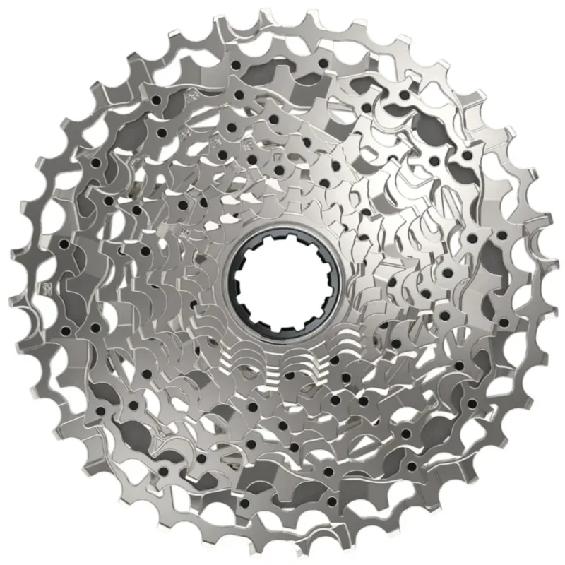 The front of a silver SRAM Rival XG-1250 12-Speed Cassette.
