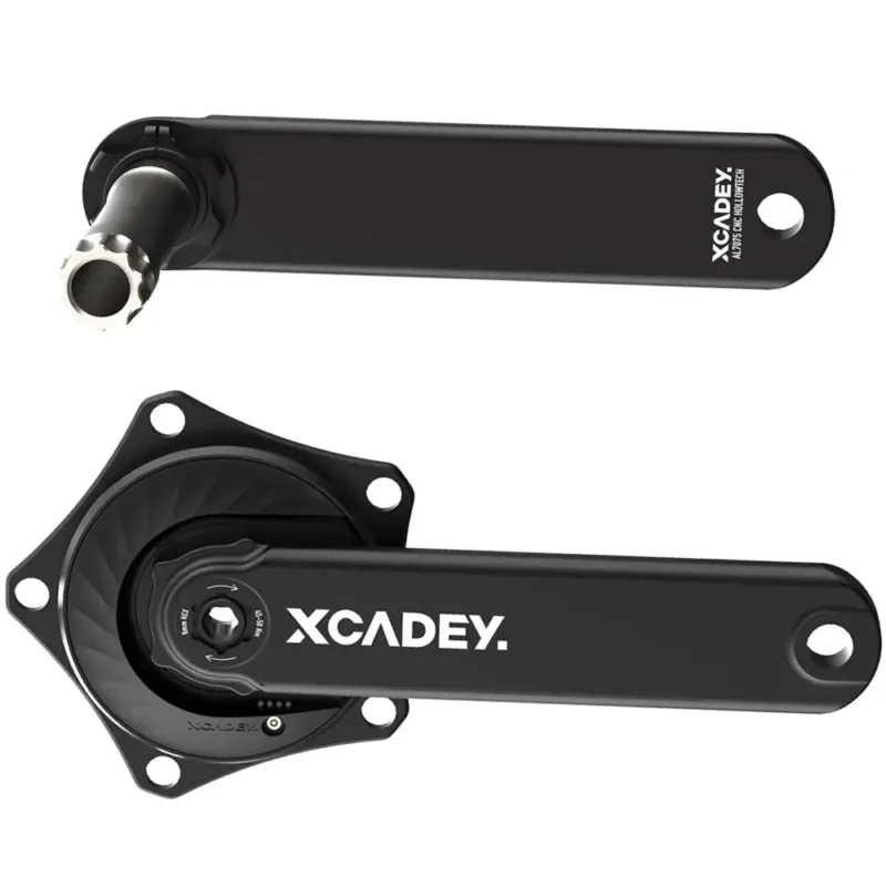 A black 110x5 BCD power meter on a black XCADEY XPOWER-S GEN2 Road Power Meter Crankset.