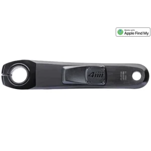 A black 4iiii PRECISION 3+ Shimano R7100 Power Meter crank arm with 4iiii's new battery door and Apple Find My logo.
