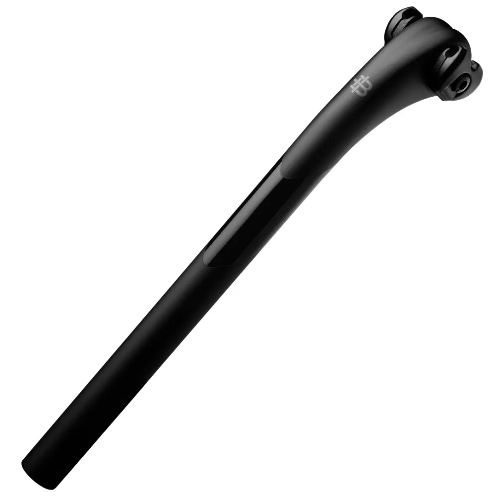 An angled image of a matte and glossy Black Inc Round Seatpost.