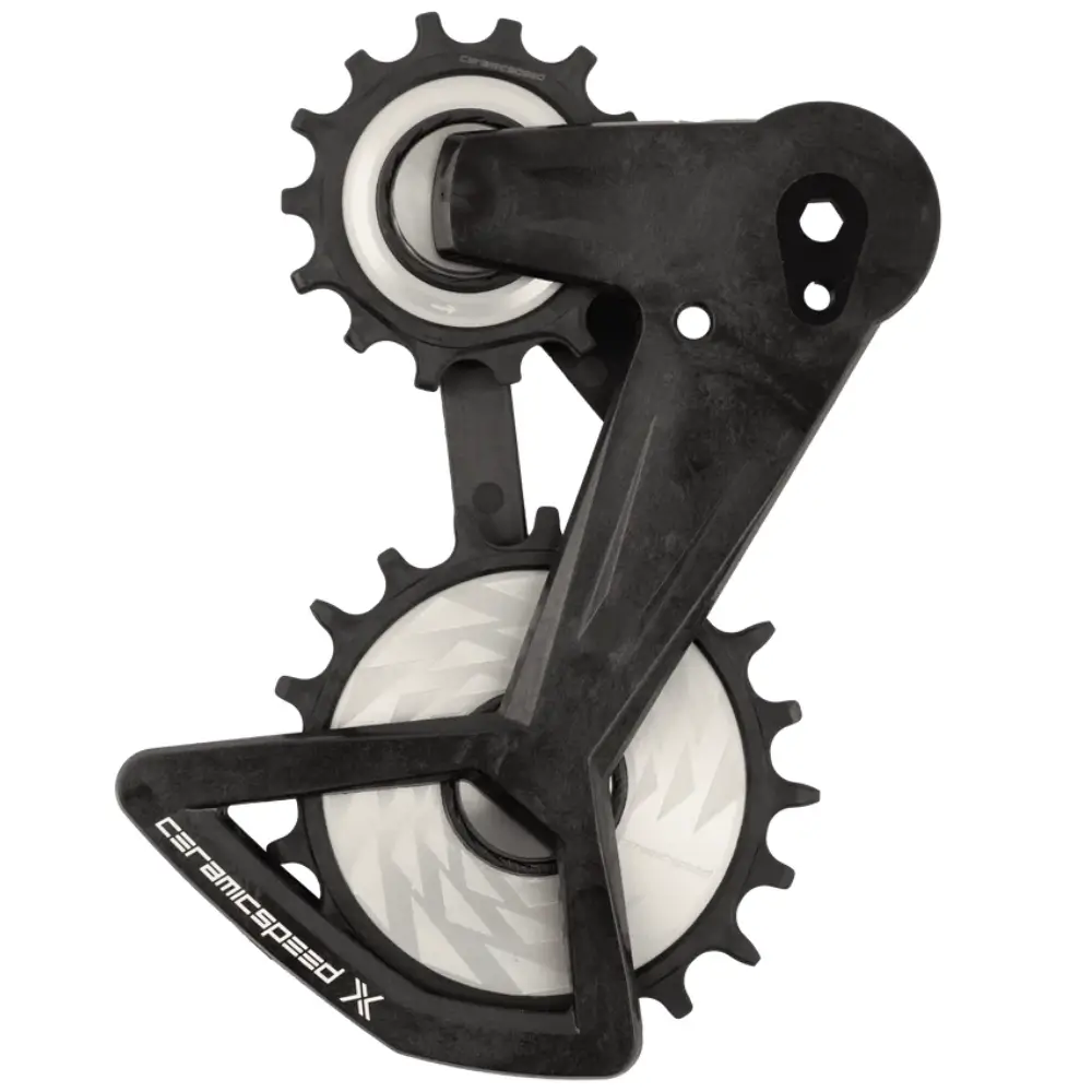 A silver and black CeramicSpeed OSPW X for SRAM Eagle AXS Transmission rear derailleurs.